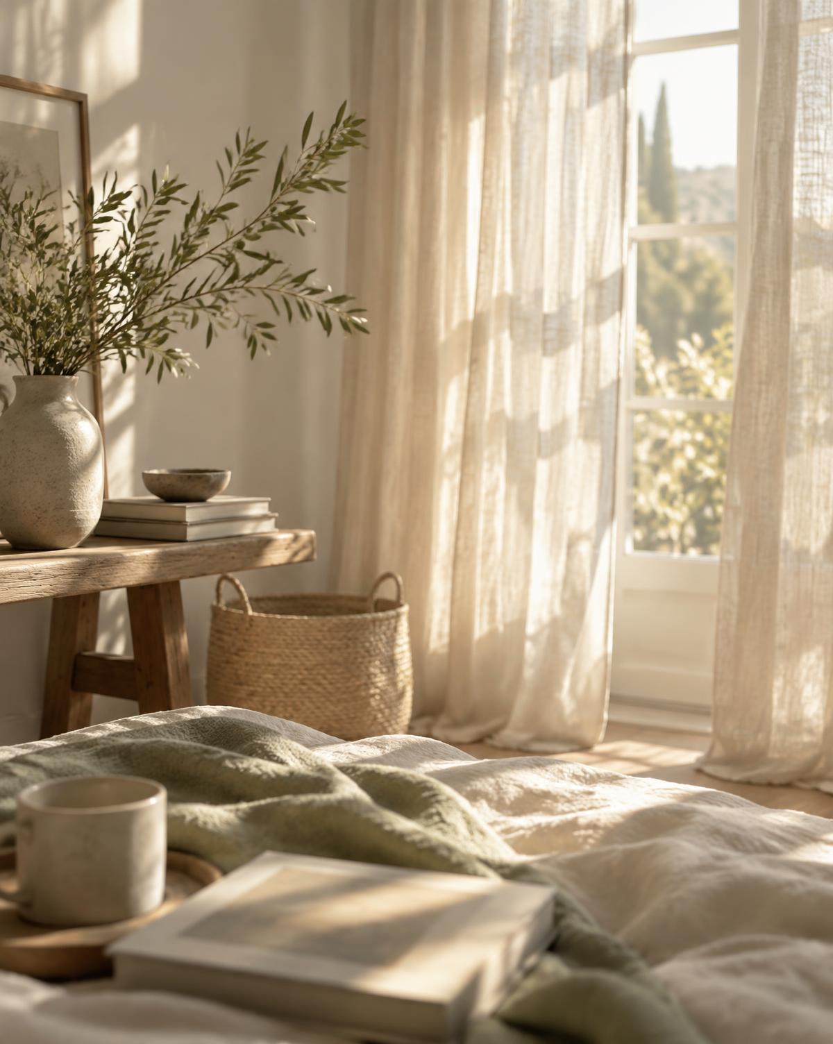 Soft morning light through sheer curtains in a quiet room