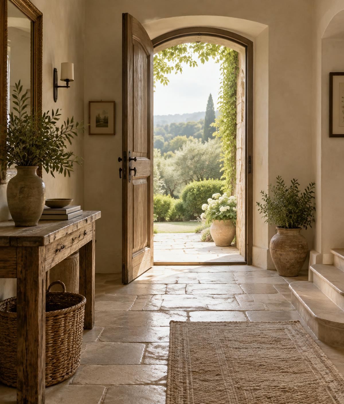 An open doorway looking out toward soft green nature